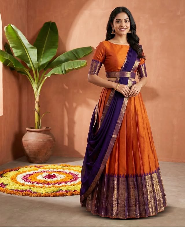 Traditional Orange & Violet Silk Pavada Davani Set - Rajshri Fashions Sowcarpet Chennai